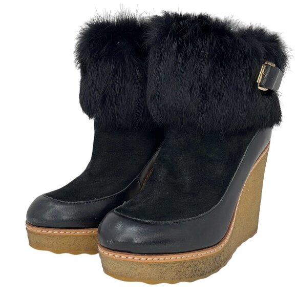 Tory Burch Andrea Rabbit Fur Wedge Soho Luxury Suede Black Size 5 - Picture 2 of 13